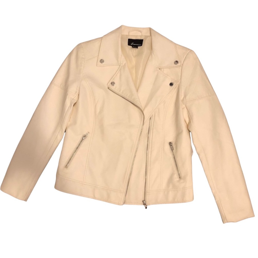 Forever 21 Faux Leather Off White Jacket Small Casual Dress Up Ivory Silver